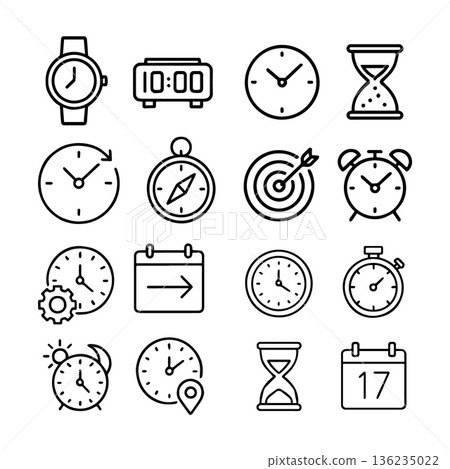 Set of time-related icons including clocks, alarm clocks, hourglasses, and calendar symbols, perfect for time management, scheduling, and productivity design projects. 136235022