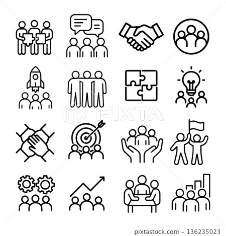 Set of line icons related to teamwork, management, business, and collaboration, featuring partnership and leadership symbols. Perfect for presentations, web design, infographics, and corporate 136235023