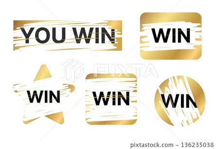 Realistic golden scratch-off ticket set with grunge brush strokes revealing the word WIN, featuring shiny metallic texture, perfect for lottery designs, reward promotions, and luxury advertising Realistic golden scratch-off ticket set with grunge brush strokes revealing the word WIN, featuring shiny metallic texture, perfect for lottery designs, reward promotions, and luxury advertising 136235038