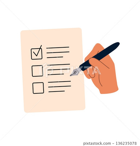 Flat vector illustration of a hand with a pen marking completed tasks on a to-do list or filling checkboxes on a document, symbolizing planning, productivity, and organization concepts. Flat vector illustration of a hand with a pen marking completed tasks on a to-do list or filling checkboxes on a document, symbolizing planning, productivity, and organization concepts. 136235078