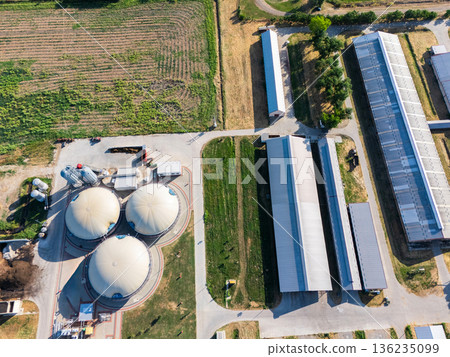 Aerial view of biogas plant for biomethane production. Aerial view of biogas plant for biomethane production. 136235099