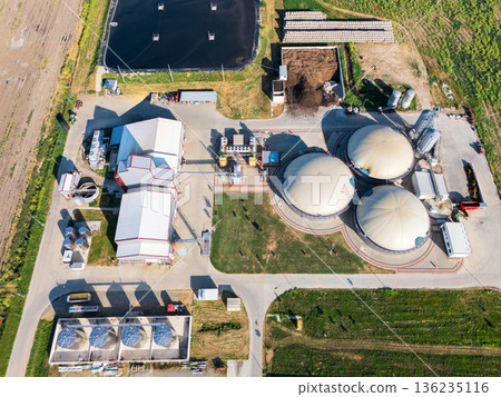 Aerial view of biogas plant for biomethane production. Aerial view of biogas plant for biomethane production. 136235116