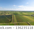 Aerial view of solar power station on a green field. Sustainable development.. 136235118