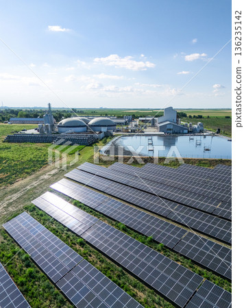 Aerial view of biogas plant using renewable energy for biomethane production. 136235142