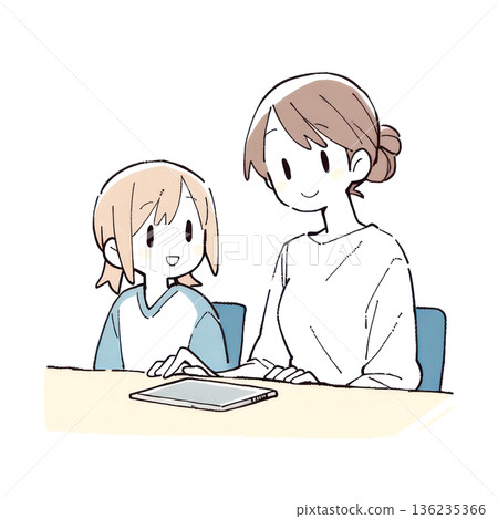 Parents and children studying on a tablet 136235366