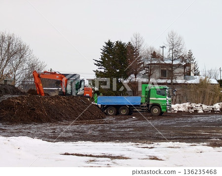 Loading soil and sand into a dump truck with a hydraulic excavator Loading soil and sand into a dump truck with a hydraulic excavator 136235468