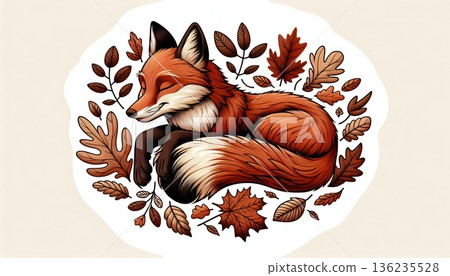 Sleeping Red Fox Surrounded by Autumn Leaves 136235528