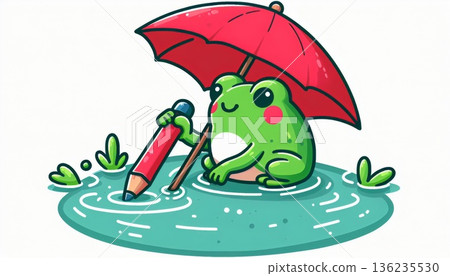 Cute Green Frog with Red Umbrella and Pencil Drawing 136235530