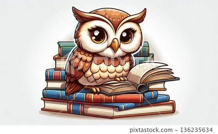 Cute Pixel Art Owl Reading a Book on Stack of Books 136235634
