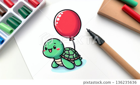Cute Green Turtle with Red Balloon Drawing 136235636