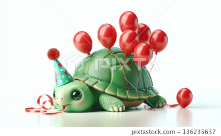 Cute Cartoon Turtle with Red Balloons and Party Hat 136235637