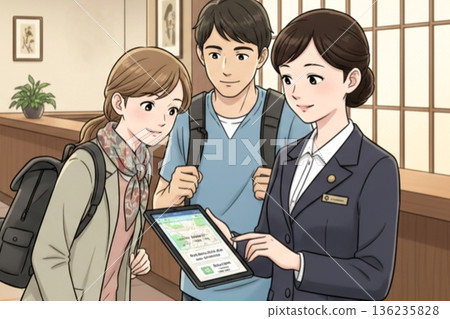 工作人員使用平板電腦為旅客提供指導 136235828