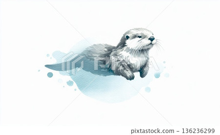 Adorable Gray Sea Otter Watercolor Illustration 136236299