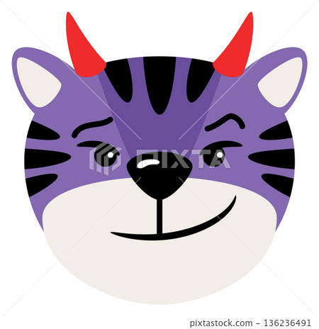 Purple cat with devil horns. Wicked tiger emoji 136236491