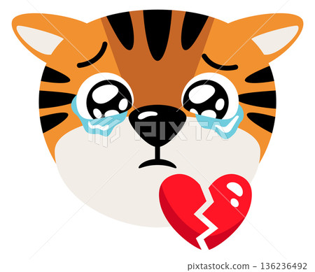 Crying tiger with broken heart. Sad animal emoji 136236492