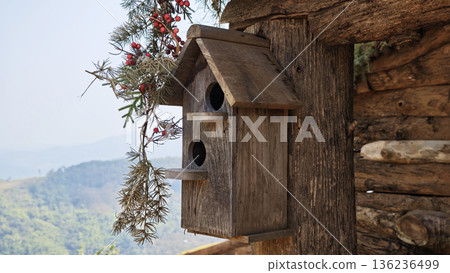 Bird's nest made from old wood 136236499