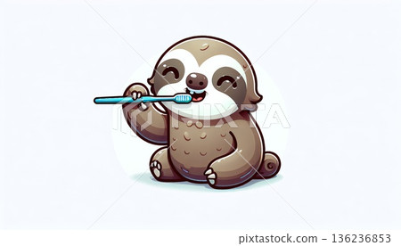 Adorable Pixel Art Sloth Brushing Teeth on White Background 136236853