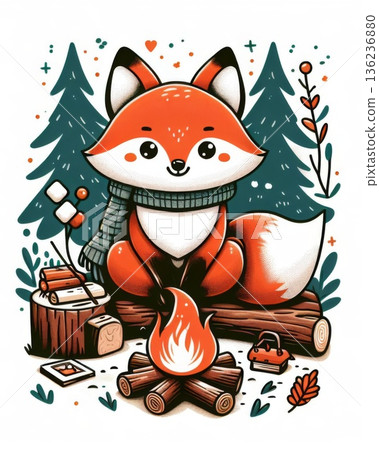 Cute Cartoon Fox by Campfire in Snowy Forest Cute Cartoon Fox by Campfire in Snowy Forest 136236880