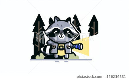 Cute Raccoon with Flashlight in Pixel Art Forest 136236881
