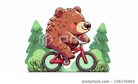 Adorable Brown Bear Riding a Red Bicycle in a Green Forest 136236883