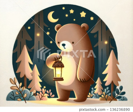 Cute Brown Bear Holding Lantern in Night Forest Cute Brown Bear Holding Lantern in Night Forest 136236890