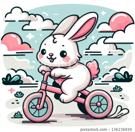 Cute Bunny Riding Pink Tricycle Pastel Cartoon Illustration 136236930