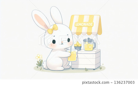 Cute White Bunny at Lemonade Stand Pastel Illustration 136237003