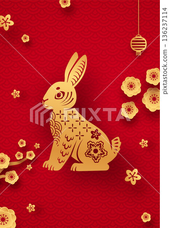 Golden rabbit on red background in chinese greeting card style 136237114