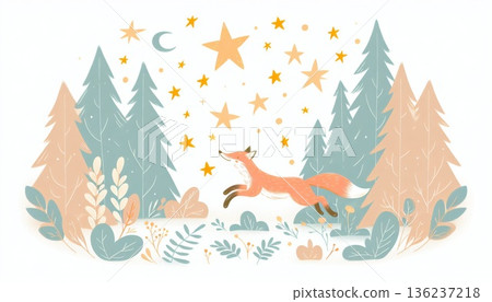 Playful Fox Leaping Among Pastel Stars in a Dreamy Forest Illustration 136237218