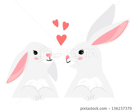 Bunny couple. Loving bunny together with red hearts 136237370