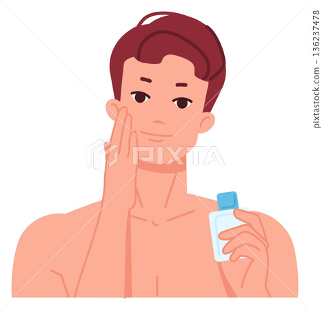 Man apply facial lotion. Face skincare routine Man apply facial lotion. Face skincare routine 136237478