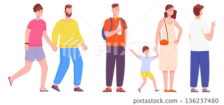 People standing. Waiting men and women. Queue of color characters People standing. Waiting men and women. Queue of color characters 136237480