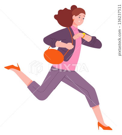 Woman running late. Stressful person rushing for work Woman running late. Stressful person rushing for work 136237511