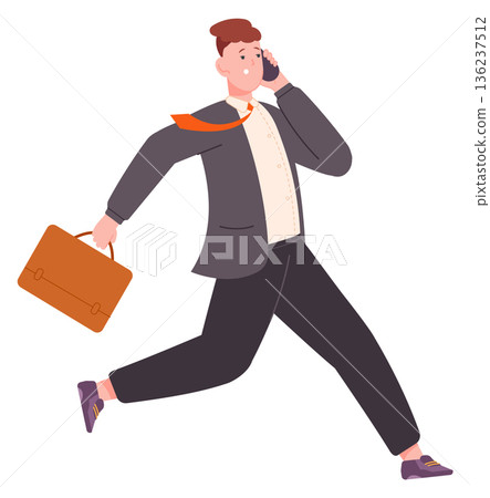 Businessman late for work meeting. Rushing male character Businessman late for work meeting. Rushing male character 136237512