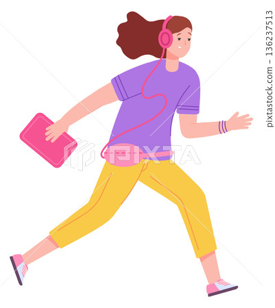 Female student hurrying for work or school. Running person Female student hurrying for work or school. Running person 136237513