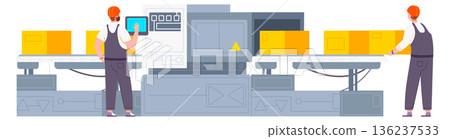 Factory packaging line. Workers control conveyor belt 136237533