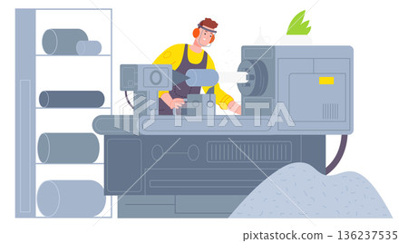 Man work on factory lathe machine. Industrial manufacture Man work on factory lathe machine. Industrial manufacture 136237535