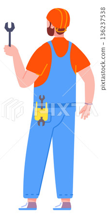 Repairman character. Man hold spanner tool icon Repairman character. Man hold spanner tool icon 136237538
