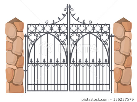 Mansion gates. Retro metal entrance with decorative ornament Mansion gates. Retro metal entrance with decorative ornament 136237579