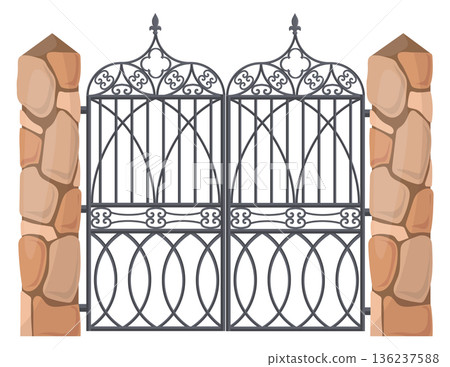 Iron gate on stone border. Wrought ornate decoration 136237588