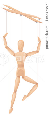 Human model puppet on puppeteer strings. Wooden doll dancing 136237597