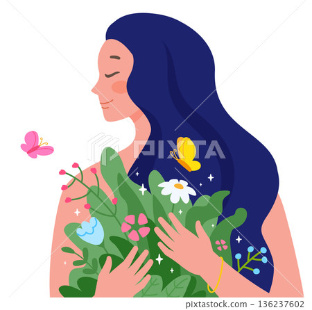 Woman embrace nature. Inner peace icon. Girl with flowers Woman embrace nature. Inner peace icon. Girl with flowers 136237602