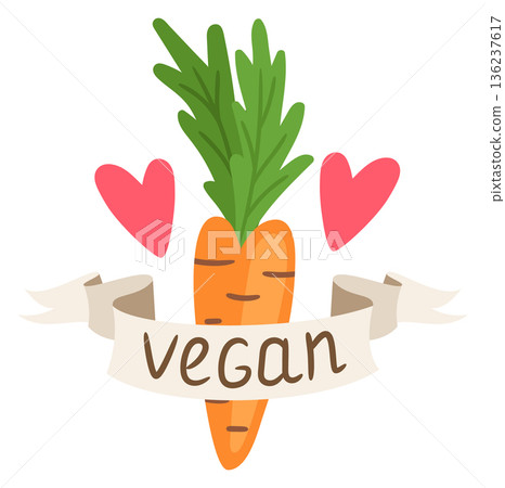 Natural lovely food label. Carrot with vegan ribbon 136237617