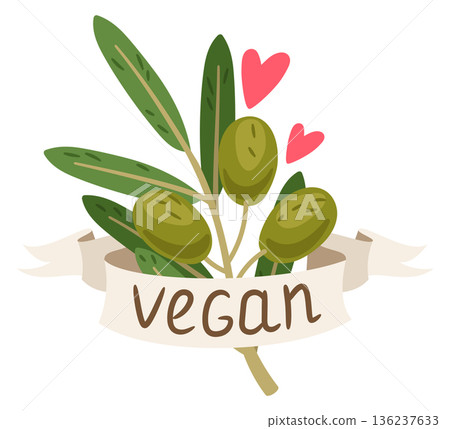 Vegan logo with organic fresh food. Vegetarian icon 136237633