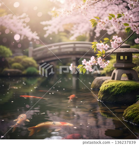 Scenery of a Japanese garden with cherry blossoms in full bloom and koi carp swimming in the pond Scenery of a Japanese garden with cherry blossoms in full bloom and koi carp swimming in the pond 136237839