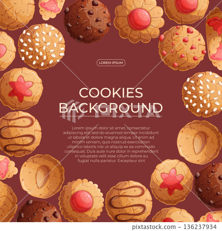 Colorful background with delicious cookies. The concept of confectionery, baking, cooking. Vector illustration for the design of posters, flyers, postcards, invitations 136237934
