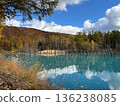 Autumn forest reflected in the mysterious blue pond 136238085