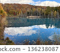 Autumn forest reflected in the mysterious blue pond 136238087