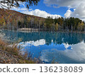 Autumn forest reflected in the mysterious blue pond 136238089
