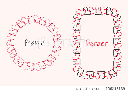 Chain ornament outline frame set, love heart shape border, geometric circle rectangle shapes, hand drawn ink blob brush line stroke, sketch doodle groovy style design, red pink black colour 136238189